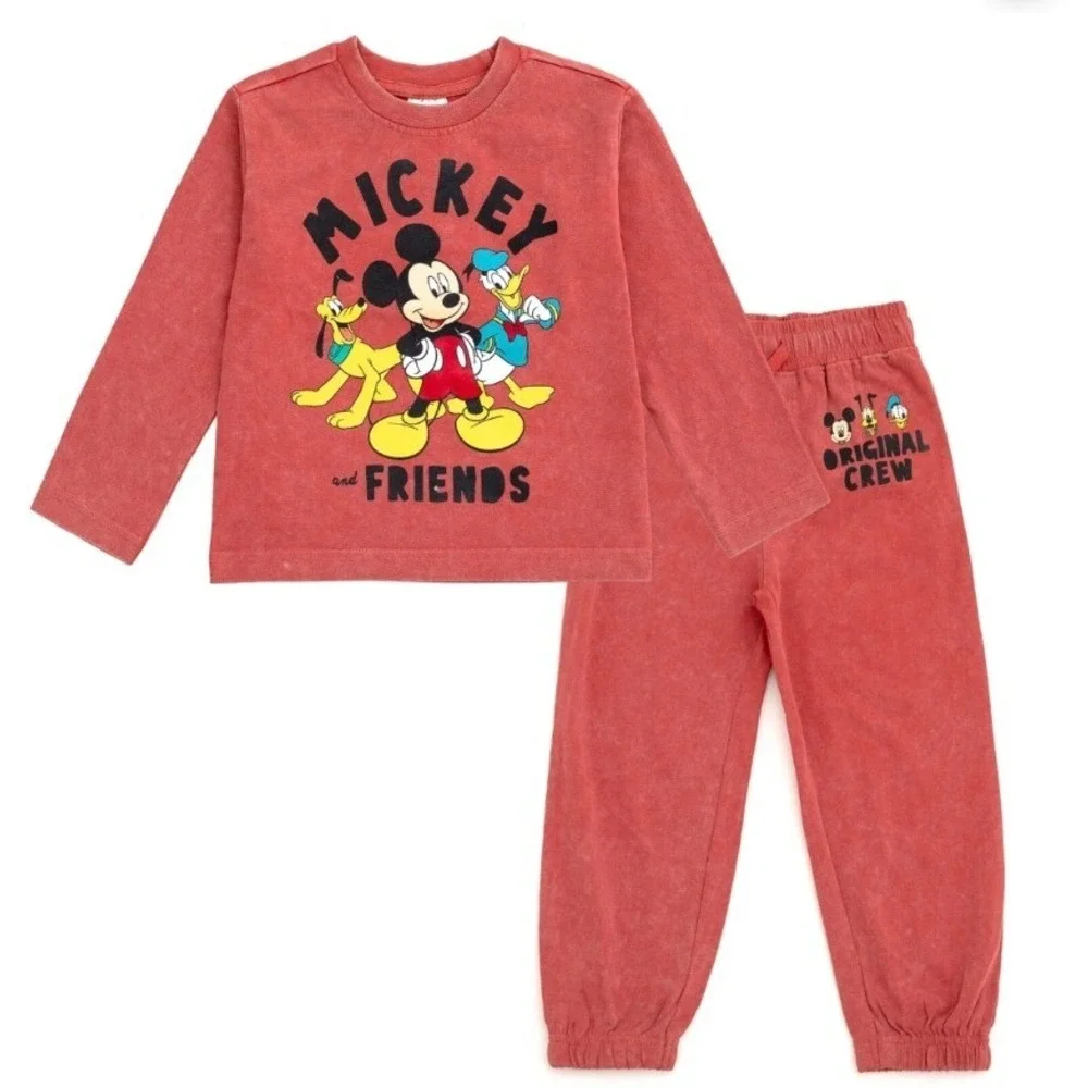 Disney Mickey Friends Kids Mineral Wash 2 Piece Set Red Shirt Pants 7-8 NWOT